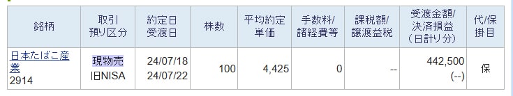 JT（2914）を売却【+517000円】遂に800株全て売却しました。